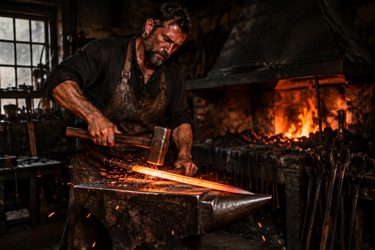 A blacksmith hammering a glowing blade on an anvil in a traditional forge
