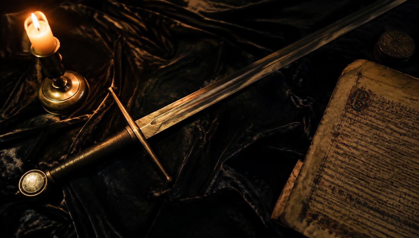 A medieval European longsword with cruciform crossguard on dark velvet beside a manuscript