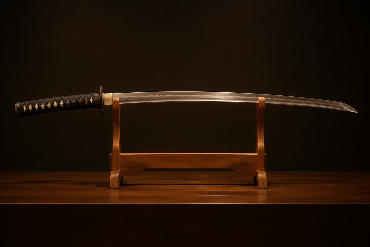 A Japanese katana resting on a wooden sword stand, showing its curved blade and hamon